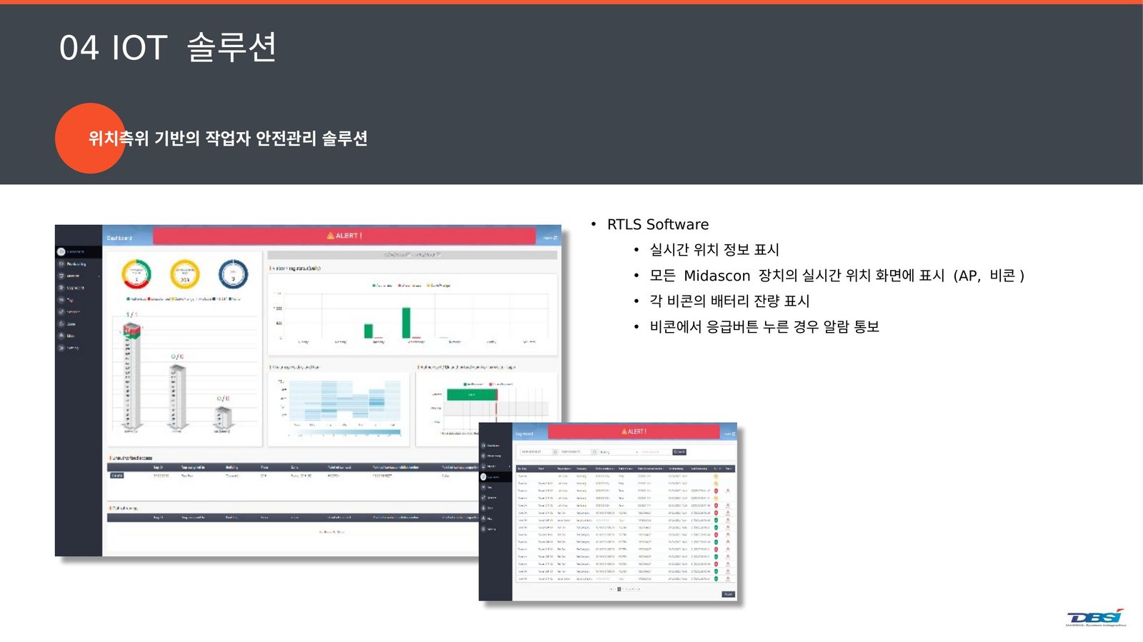 RTLS 소프트웨어 대시보드 및 알람 로그 화면